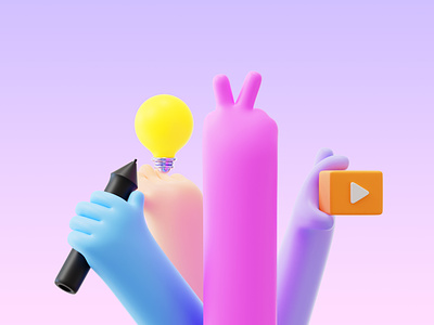 3D hand of a designer 3d blue cartoon colorful designer hand illustraion light bulb pen purple video