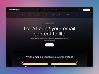 AI Content Assistant feature page ai dark mode email marketing marketing transpond