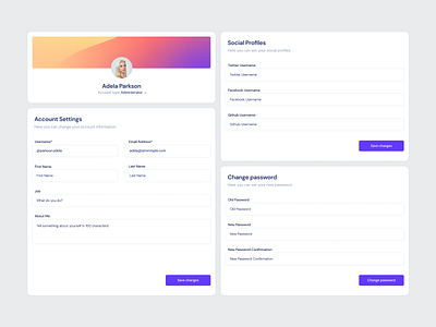 Profile Settings UI Cards - Horizon UI account account settings admin dashboard admin panel admin template auth dashboard free password profile profile settings settings template ui user profile user settings