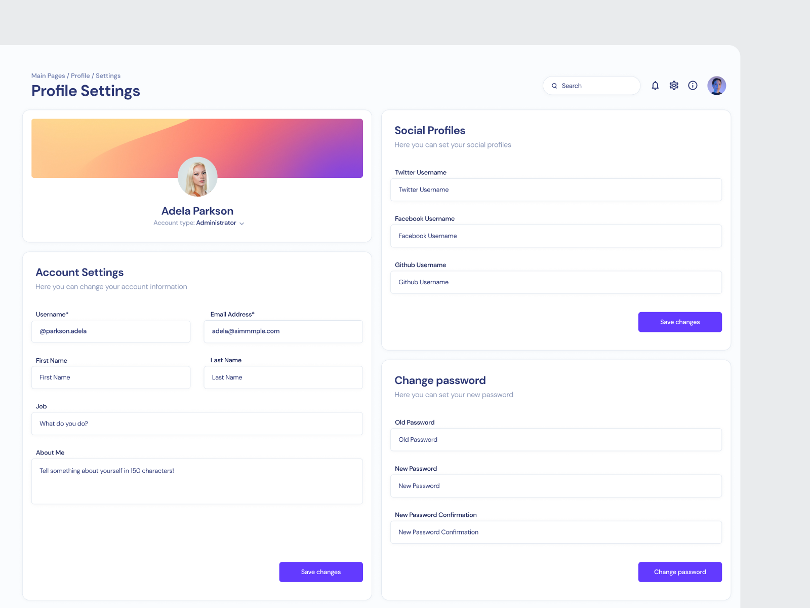 Profile Settings UI Cards - Horizon UI by Horizon UI on Dribbble