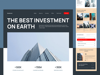 Konstruct 🪖 | Real Estate Landing Page agency apartment construction creative developer flat flat design land landing page property reaestate real estate site ui ux web design