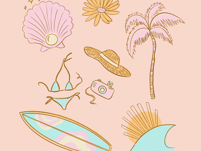 Summer icons 2d acrylic digital brushes beach art digital art graphic design illustration illustrator pastel procreate social media summer illustration