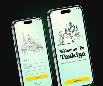 TAZKIYA-Welcome & login screen design app best application best application design best design app branding customs app design educational app food voucher app human centered design illustration islamic app learning app logo mobile app mobile app ui modern app product design ui desin ux design