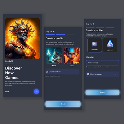 Create profile screens for a gaming app design gamedesign games gameui gaming ui uiux web3games