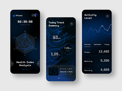 Health Tracker App app application blue chart dark dashboard design flat glass graph health infographic minimal mobile modern statistics tracker ui ux web