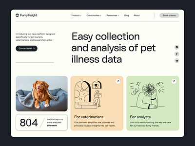 Furry Insight — AI Database for pets illness ai cards dog graphic design healthcare homepage illustration machine learning med minimalist pet startup style exploration typography vet webdesign website