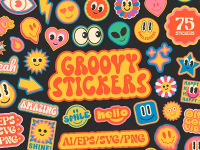 GROOVY POP ART FUNNY STICKERS SET 90s abstract art cartoon character comic cool design emoji face funky funny groovy pop retro smile sticker trendy vector y2k