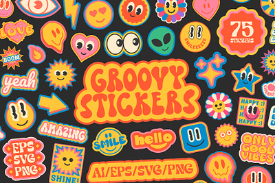 GROOVY POP ART FUNNY STICKERS SET 90s abstract art cartoon character comic cool design emoji face funky funny groovy pop retro smile sticker trendy vector y2k