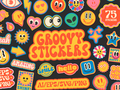 Retro Smile Face Sticker Bundle, Positive Stickers in PNG By ArtFM