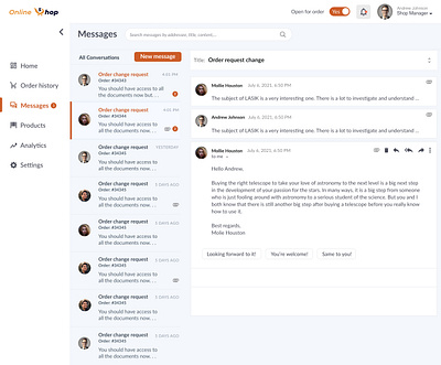 Online shop - messages design ui ux