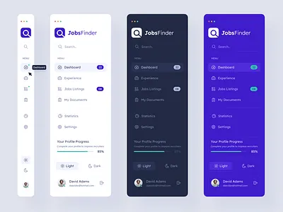 Sidebar Navigation clean ui dark mode jobs finder light mode list menu navigation profile progress side nav side navigation sidebar ui ui design ux design