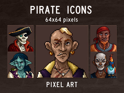 Pirates Pixel Art 64×64 Icon Pack 2d 64x64 asset assets character fantasy game game assets gamedev icon icone icons indie indie game pirate pirates pixel pixelart rpg set