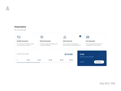 Day 023 — Insurance Calculator bar calculator challenge daily ui design filter finance insurance interface price progress selector slider sum switch toggle ui ukraine ux web