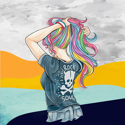 Drawn girl unicorn with rocker tshirt artwork, abstract art abstract art animation drawing drawings grunge hand drawn lines natures lovers ornament rainbow rock rock and roll roll sexy lady vintage posters watercolor print woman back young girl