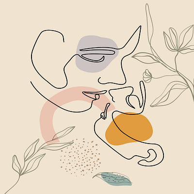 Abstract couple kisses line art, romantic poster, couple in love abstract line art autumn couple wall art gift for her gift for him leaf leaves line drawing love print minimalist art printable wall art romance romantic spring summer valentine valentines valentines day valentines gift winter