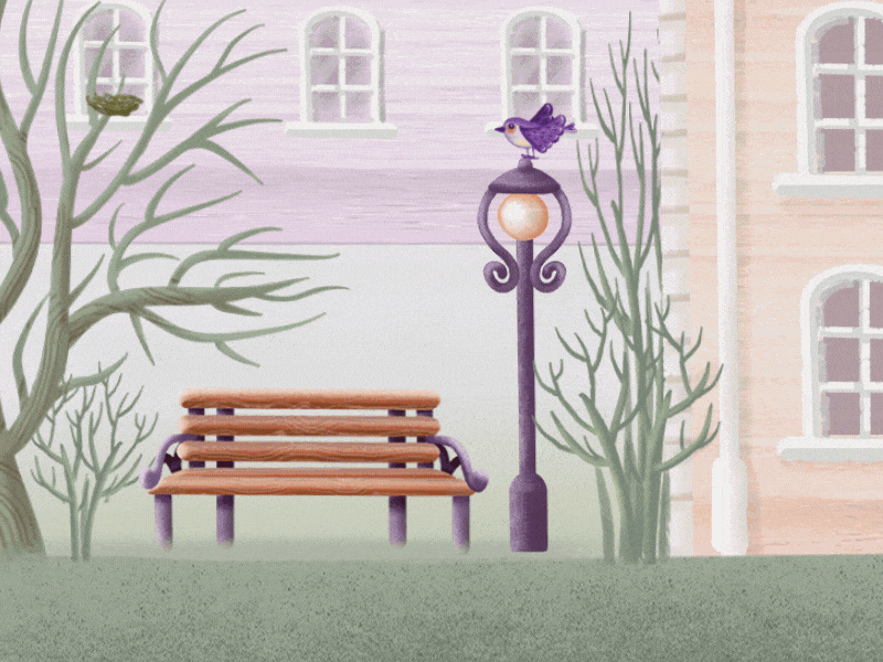 Spring and the fat bird adobe after effects animation bench bird bush girl house motion graphics nest procreate spring square street lamp tree