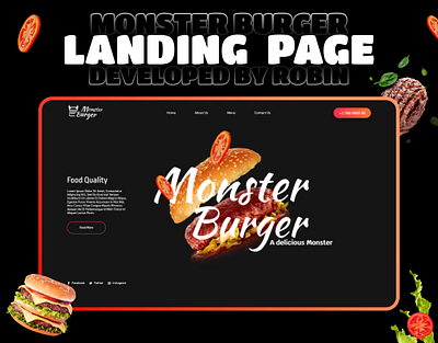 Monster Burger - Fast Food Landing Page Website black dark website burger css elementor fast food html javascript monster burger one page landing page website php web design website development wordpress