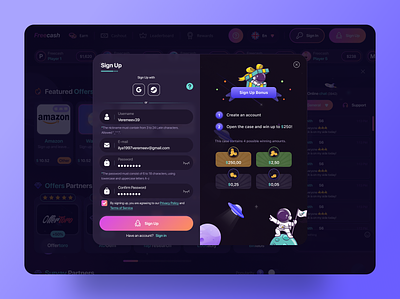 Freecash - Sing Up and Sing In forms design dollah figma freecash gain.gg gaintplay illustration product design ui uiux web web design