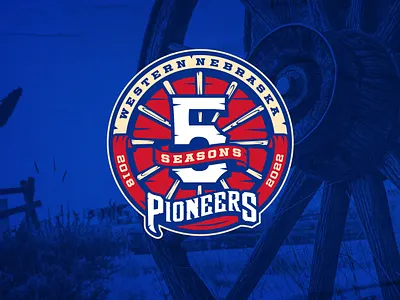 Western Nebraska Pioneers 5th Season Logo americana anniversary athletic badge baseball bats celebration college emblem fun patch seasons sports design summer travel wagon wheel wood bat