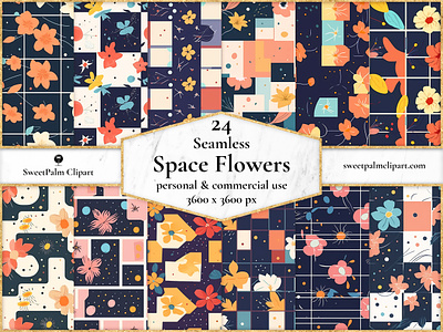 24 JPG Seamless Space Flowers Digital Pattern botanical design floral flower nature night space