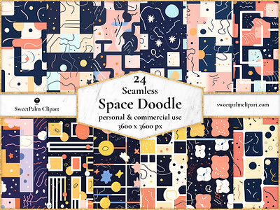 24 JPG Seamless Space Doodle Digital Pattern design doodle drawing space
