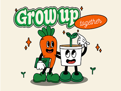 Carrot & Potty - Grow Up Together Illustration carrot cartoon design flat graphic design grow illustration leaf plant pot vector vintage