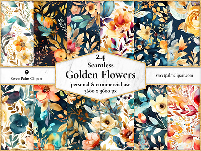 24 JPG Seamless Watercolor Golden Flowers Digital Pattern design flowers golden watercolor