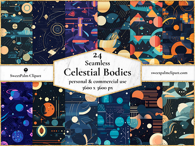 24 JPG Seamless Celestial Bodies Digital Pattern design space stars universe
