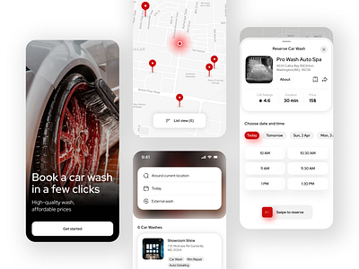 Car wash services marketplace anchoreshit app application car card carwash chips components design ios lightmode map mobile pin radiobutton rating search ui ux