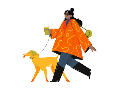 Walking with the dog 2d adobe characer character design coat colorfull digital art dog flat girl illustration people photoshop texture walk woman