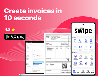 Create invoices in 10 seconds. 3d analytics animation billing branding design einvoices ewaybills graphic design gst illustration invoicing logo motion graphics online store reports swipe ui