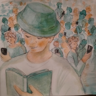 A book lover in modern 🌎 book editorial flat character illustration magazine media people reading sketch watercolor watercolor pencils