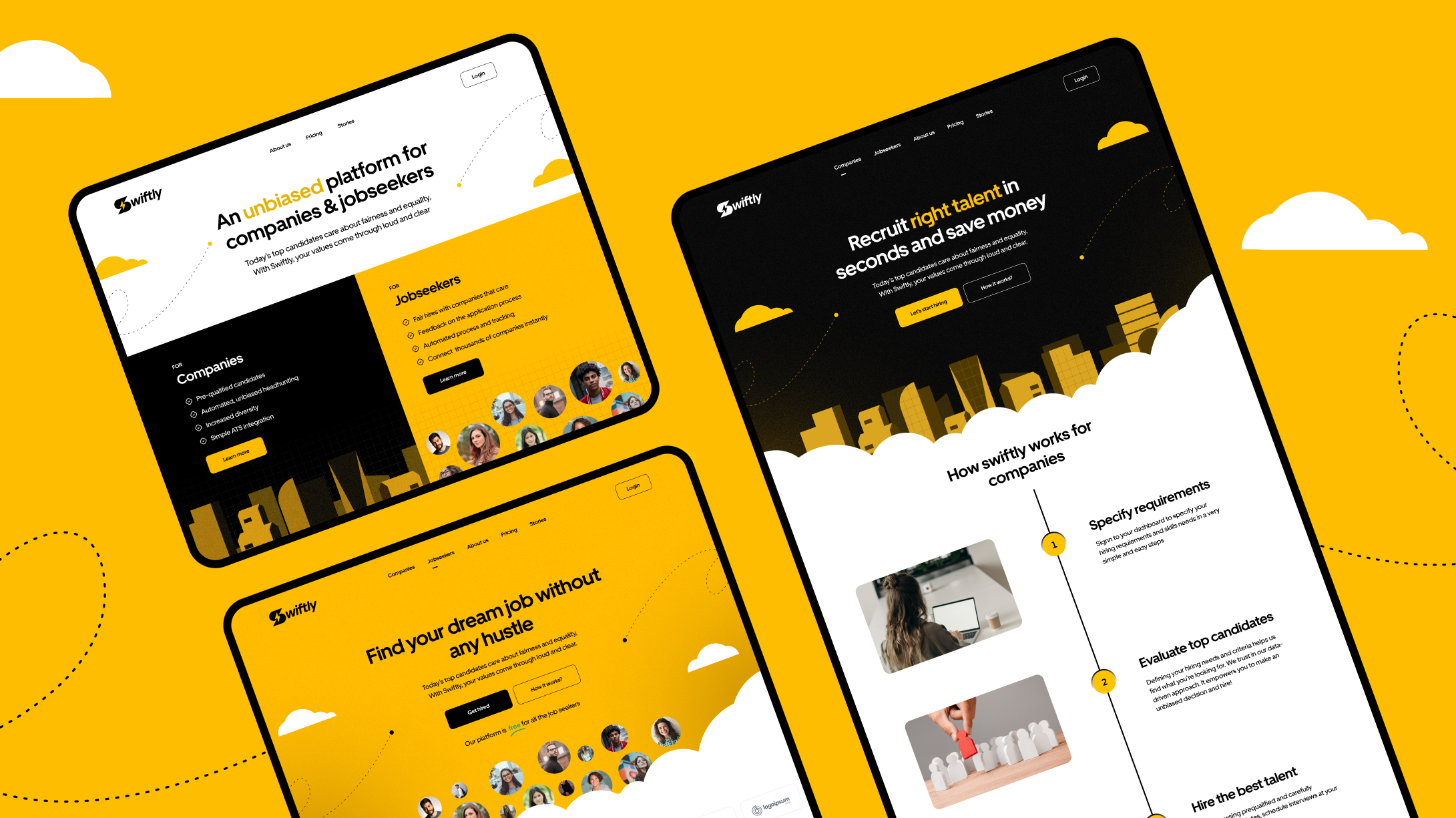 Unbiased AI hiring website 2023 hiring website 2023 illustrations 2023 trends 2023 website trends ai hiring website ai website black and yellow designs employer website hiring hiring langing page hiring process web job search website jobs board jobseeker app kulfi design studio recruitement satwik pachineela unbiased website website redesign yellow landing page