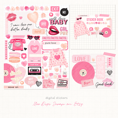 Digital planner stickers-Valentine digital planner pink planner stickers scrapbooking valentine