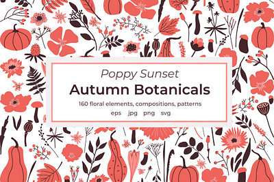 Poppy Sunset Autumn Botanicals art autumn botanical pattern card clipart design floral elements flowers graphic design hand drawn illustration illustratoin leafs lettering pattern poppy sunset print pumkin