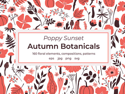 Poppy Sunset Autumn Botanicals art autumn botanical pattern card clipart design floral elements flowers graphic design hand drawn illustration illustratoin leafs lettering pattern poppy sunset print pumkin