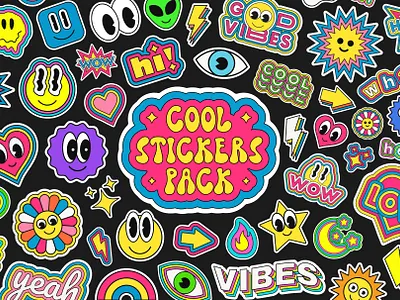 COOL POP ART VECTOR STICKERS SET 90s abstract art colorful comic cool design emoji flower funny groovy illustration patch pattern pop smile sticker trendy vector y2k