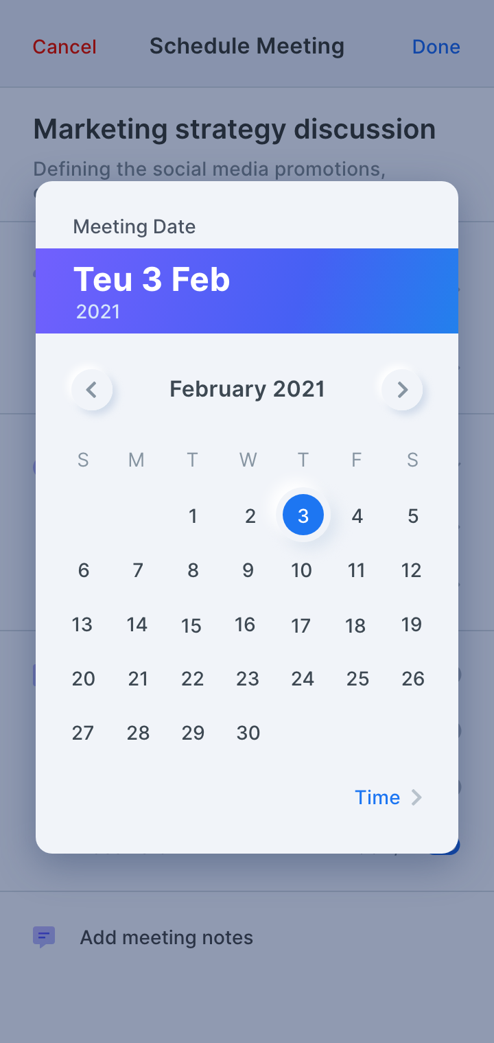 Video meet scheduling add participants date picker meeting schedule mobile app participants skeuomorphism time picker