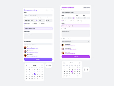 Schedule a meeting | Light Mode calendar date picker input fields invite members light mode meeting pop up radio buttons schedule schedule a meeting ui ux web design