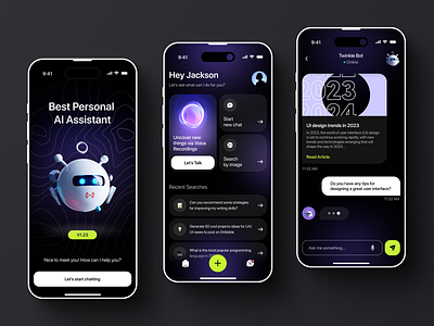 AI Chatbot Mobile App UI 3d ai animation artificial intelligence chat chat gbt chatbot chatbot ai clean ui dark mode dynamic island ios mobile app ui design uiux