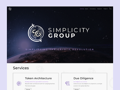 Simplicity Group Website and Brand blockchain crypto earth globe purple tech web3 website