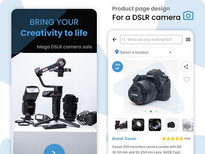 Product page of a DSLR camera app camera communication tool design dslr figma hifi mobileapp productpage ui userinterface uxui wireframe