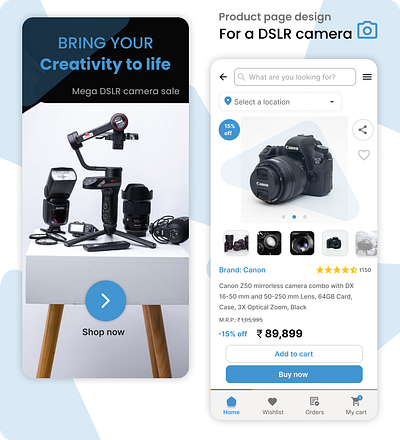 Product page of a DSLR camera app camera communication tool design dslr figma hifi mobileapp productpage ui userinterface uxui wireframe