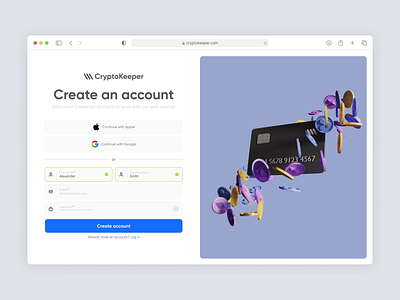 Animated Sign up/in page - Cryptocurrency wallet 3d account animation authorization illustration login sign upin ui user onboarding web design