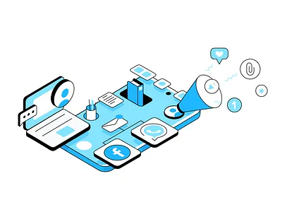 First steps attachment character chat communication facebook float geometrical isometric isometry laptop likes message minimal platform profile vector voice whatsapp