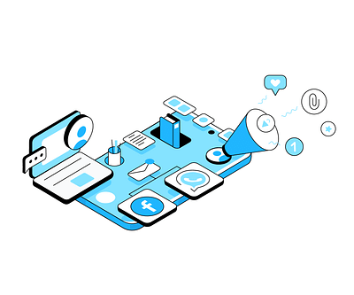 First steps attachment character chat communication facebook float geometrical isometric isometry laptop likes message minimal platform profile vector voice whatsapp