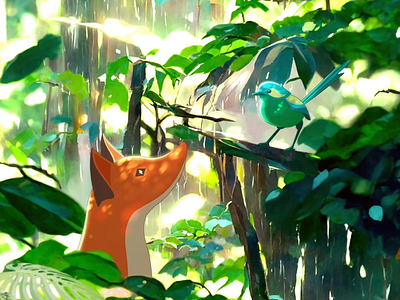 Rainforest Cinemagraph animals animation anime bird of paradise cinemagraph color colour cute dappled light design digital painting forest fox illustration nature painting rain rainforest streaming light tropical