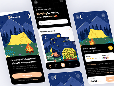 Mobile App - Camping application booking camp camp app camp design camping cave forrest illustration journey map mobile app mountain place route schedule spots travel tree trip list