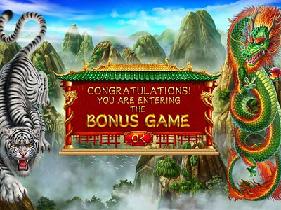 Pop Up design for the Bonus Game of the slot game "Tiger and Dra bonus game bonus game art bonus game design bonus round chinese slot chinese themed congratulation screen digital art gambling gambling art gambling design game art game design game designer graphic design popup popup design popup screen slot design tiger and dragon