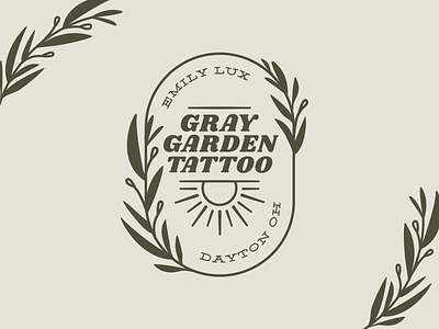 Gray Garden Tattoo Logo arch branding foliage garden graphic design gray leaf leaves linework logo plant sun sunburst tattoo